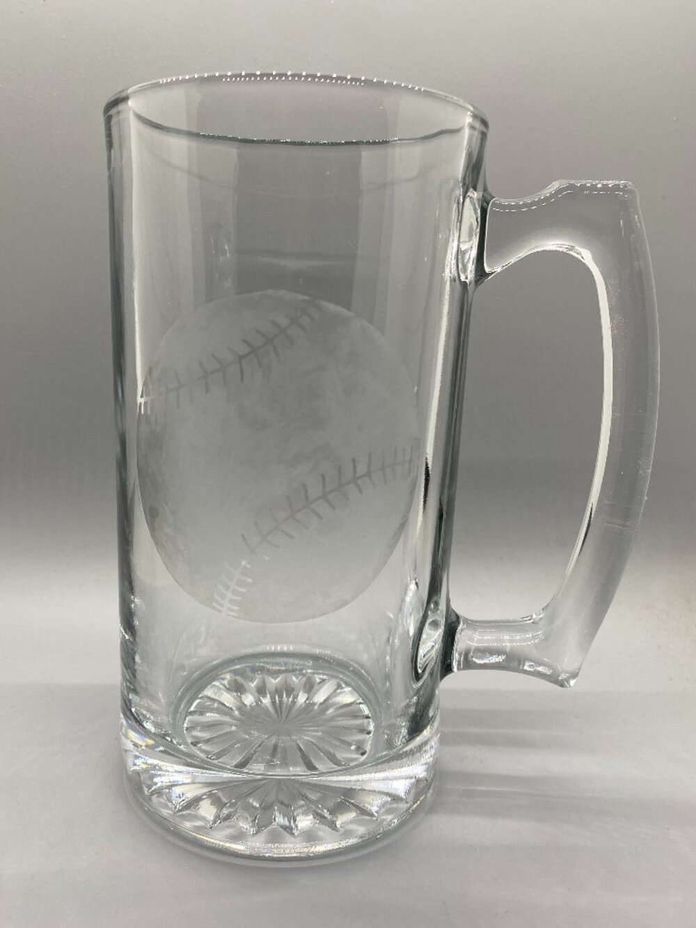 Tall Heavy Clear Glass Etched Baseball Tall Beer Stein Thumb Rest 20 oz